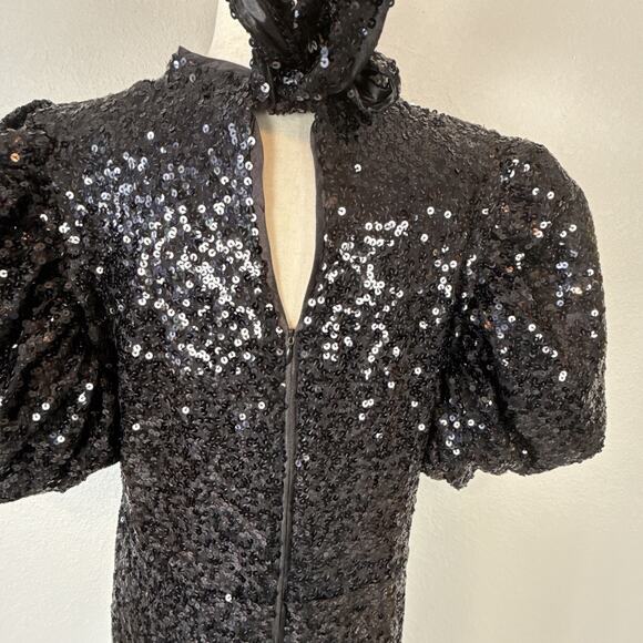 Tuckernuck Black Shimmer Sequin Perris Maxi Midi Dress Size XXL Puff Sleeve Bow - Picture 6 of 9